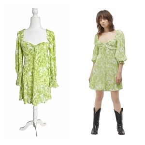 Faithfull The Brand Arianne Green Print Mini Dress Sz 4 Puff Sleeve Smocked Boho